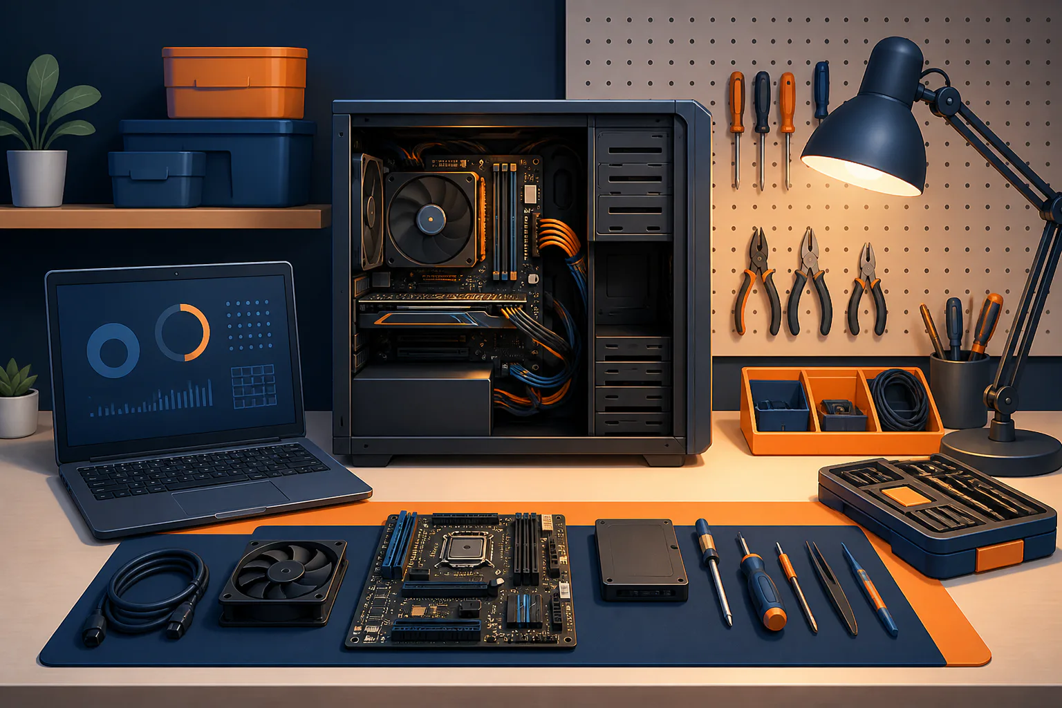 Illustration of a computer-support workbench with diagnostic equipment and repair tools